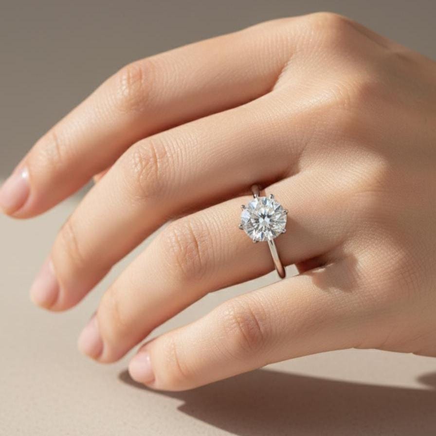 Round Lab-Grown Diamond Engagement Ring, 14K White Gold, Six Prong