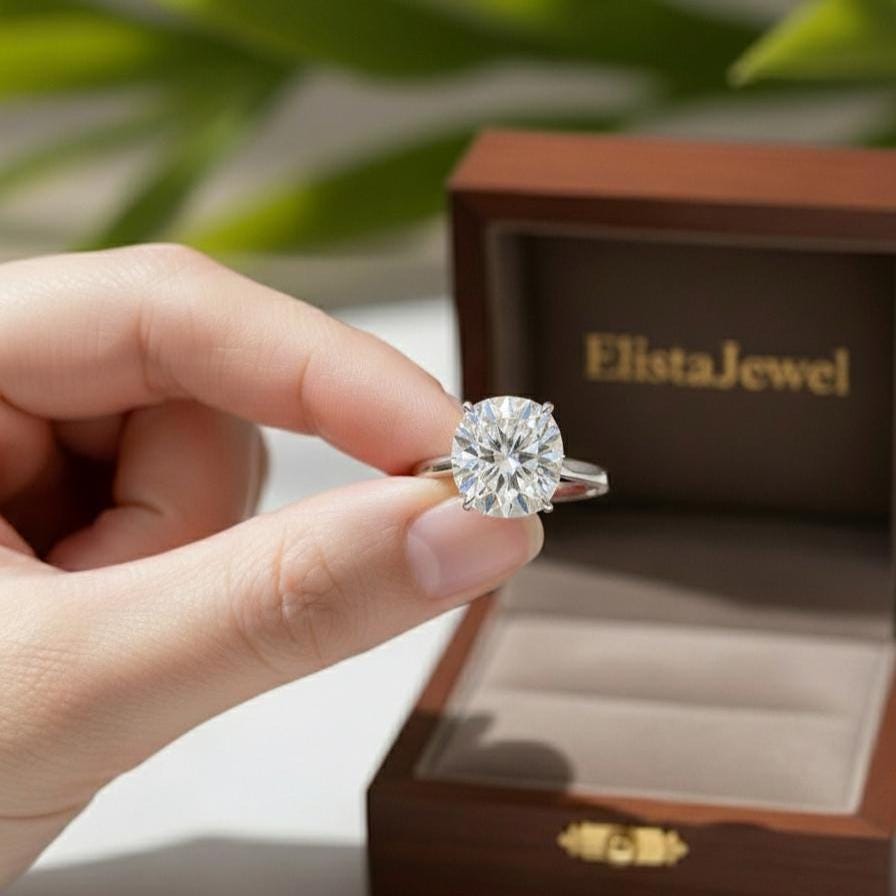 Round Lab-Grown Diamond Engagement Ring, 14K White Gold, Six Prong