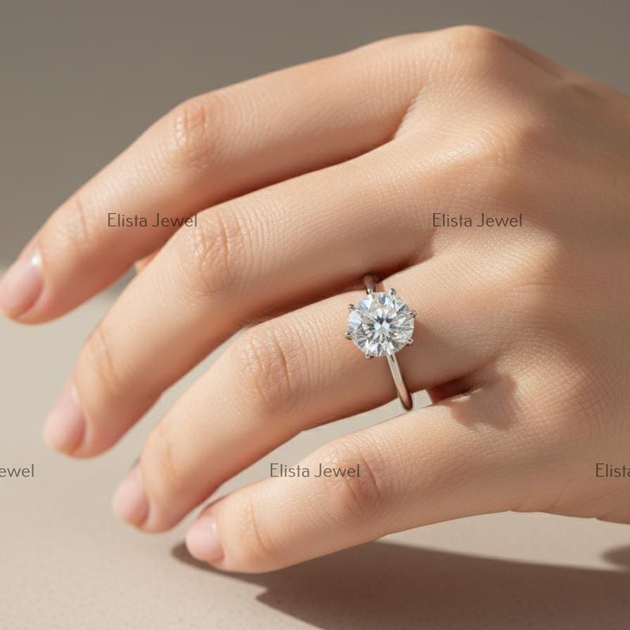 Round Lab-Grown Diamond Engagement Ring, 14K White Gold, Six Prong