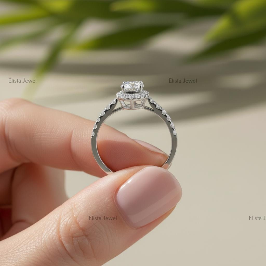 Round Lab-Grown Diamond Halo Engagement Ring In 18K Solid White Gold With Pave Band