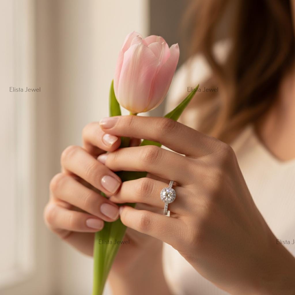 Round Lab-Grown Diamond Halo Engagement Ring In 18K Solid White Gold With Pave Band