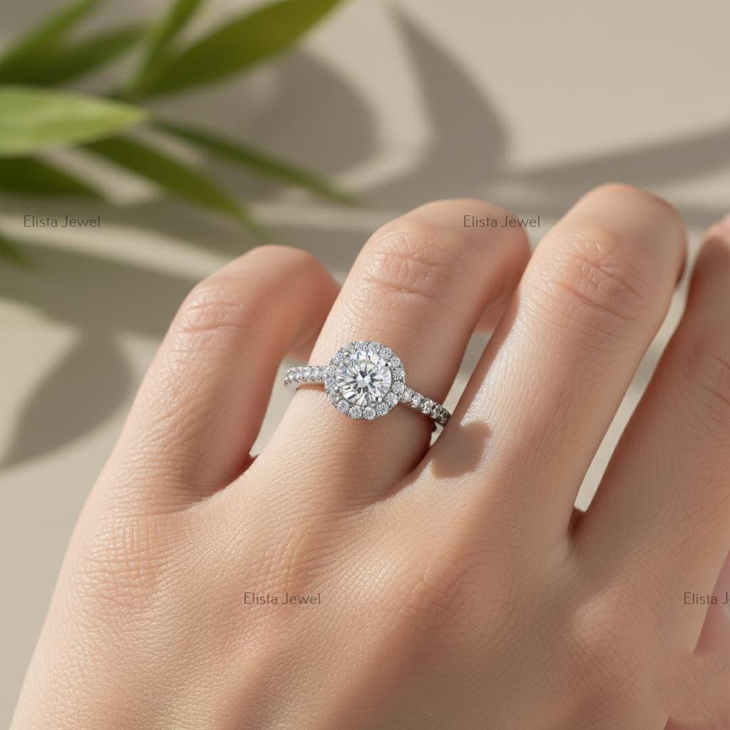 Round Lab-Grown Diamond Halo Engagement Ring In 18K Solid White Gold With Pave Band