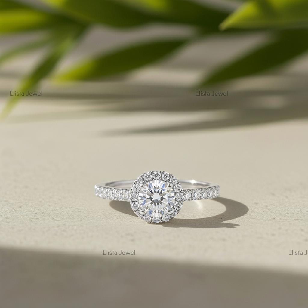 Round Lab-Grown Diamond Halo Engagement Ring In 18K Solid White Gold With Pave Band