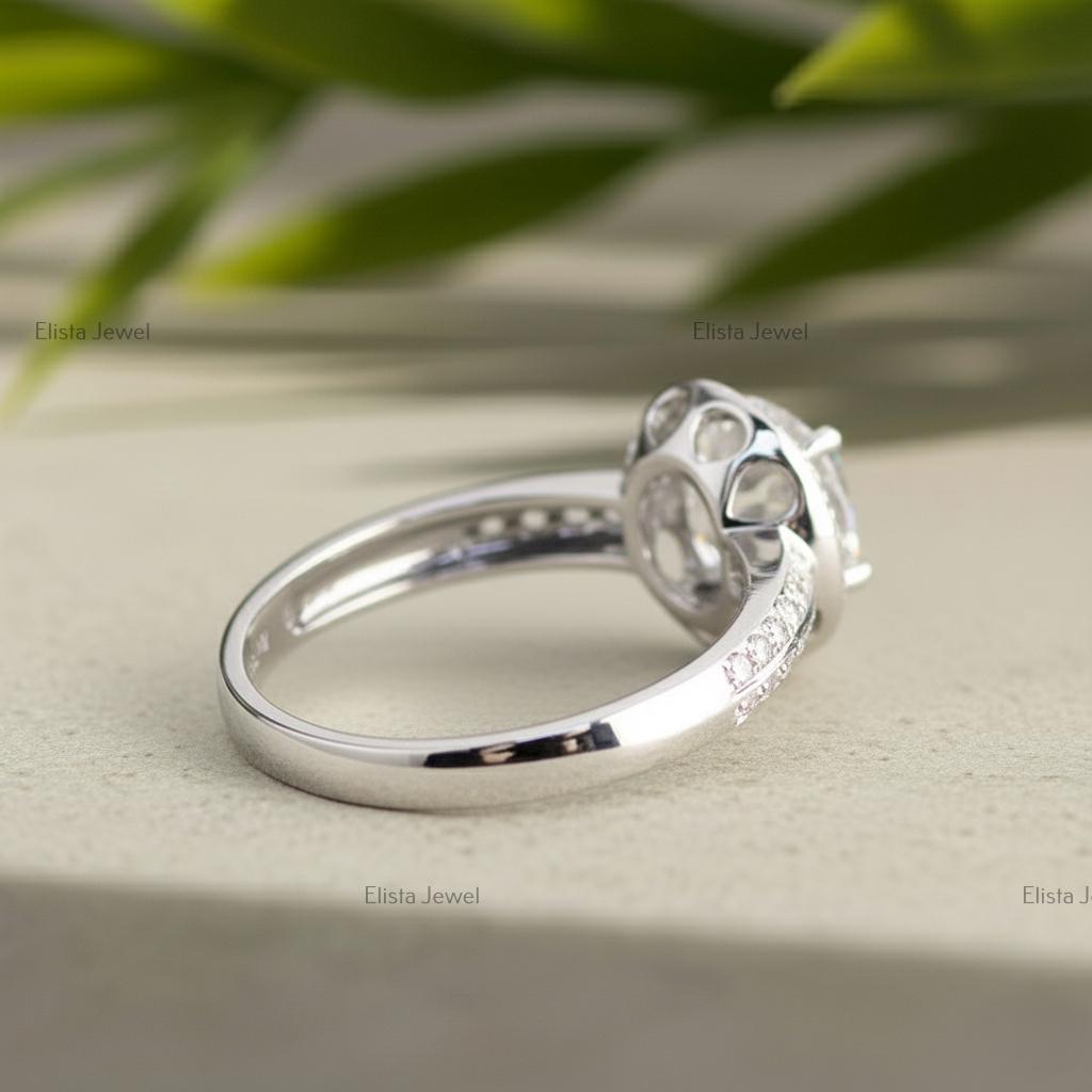 Round Lab-Grown Diamond Halo Engagement Ring, Platinum Pavé Band