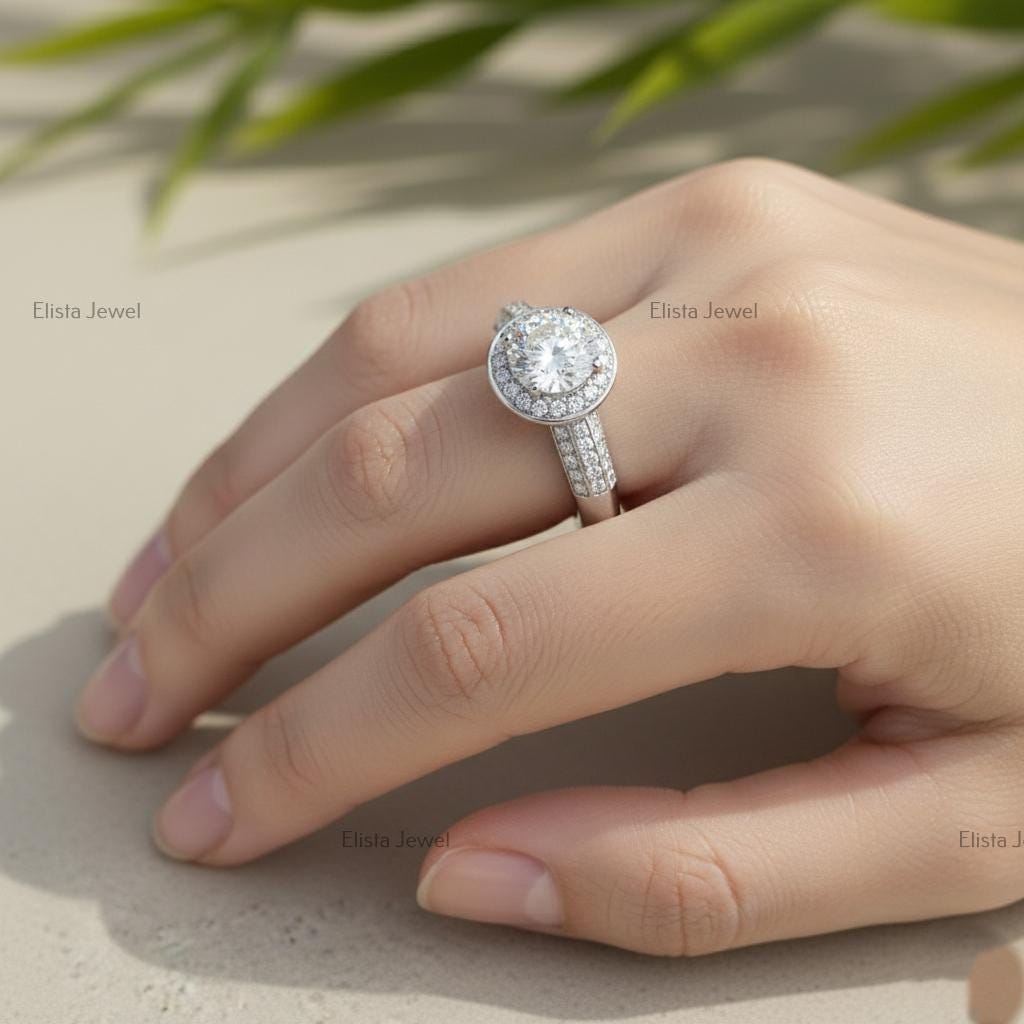 Round Lab-Grown Diamond Halo Engagement Ring, Platinum Pavé Band