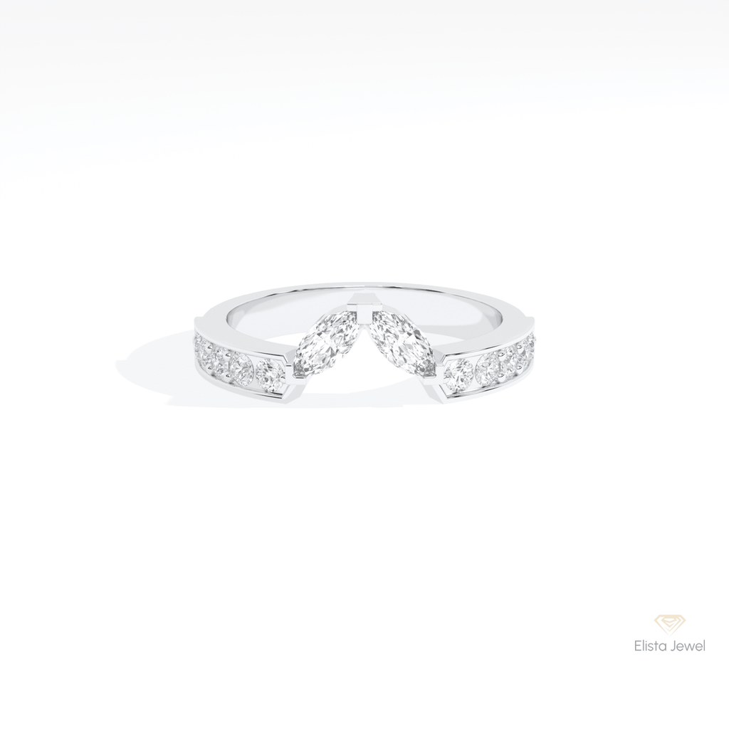 Round & Marquise Cut Wedding Lab Grown Diamond Band in 10K White Gold - Front View