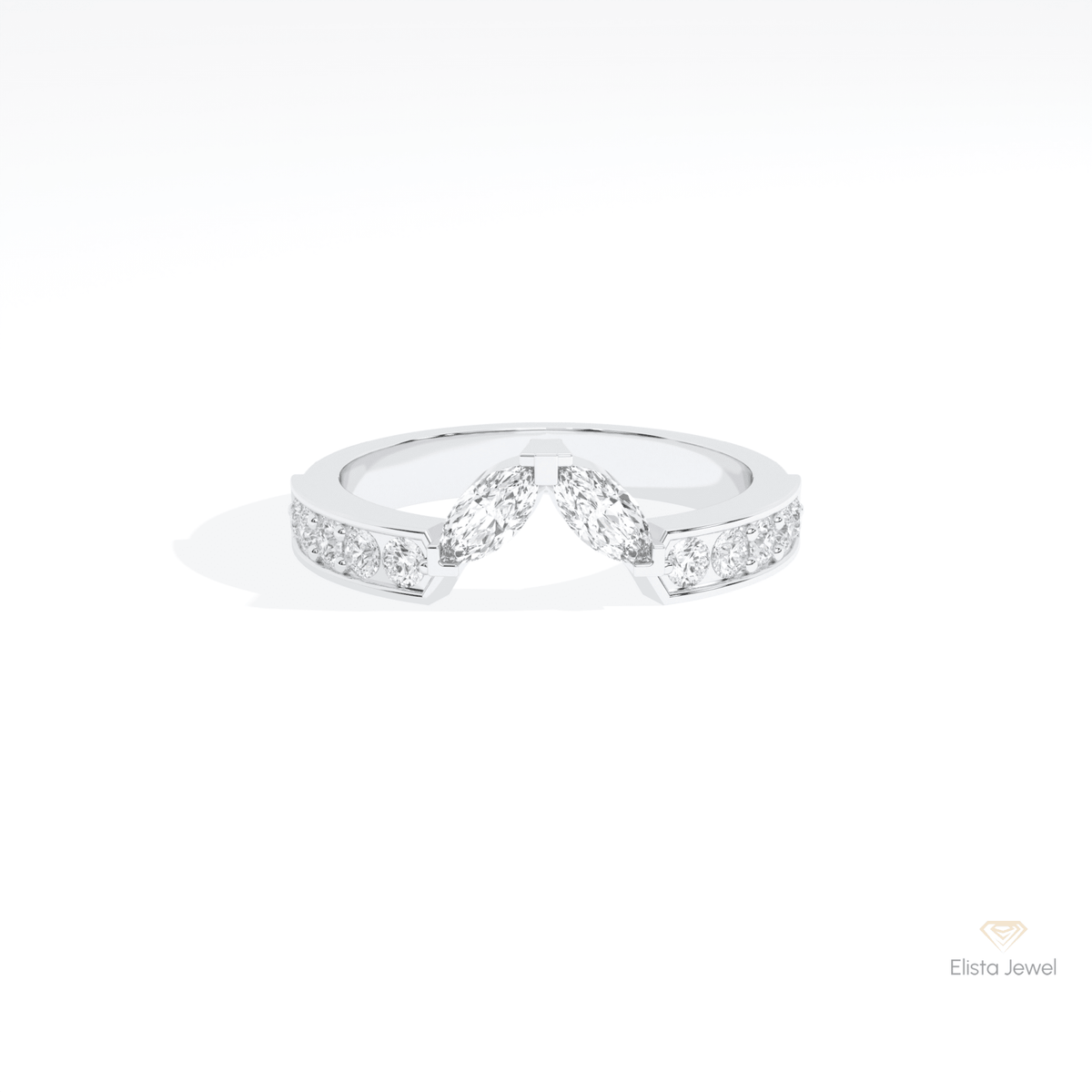 Round & Marquise Cut Wedding Lab Grown Diamond Band in 10K White Gold - Front View
