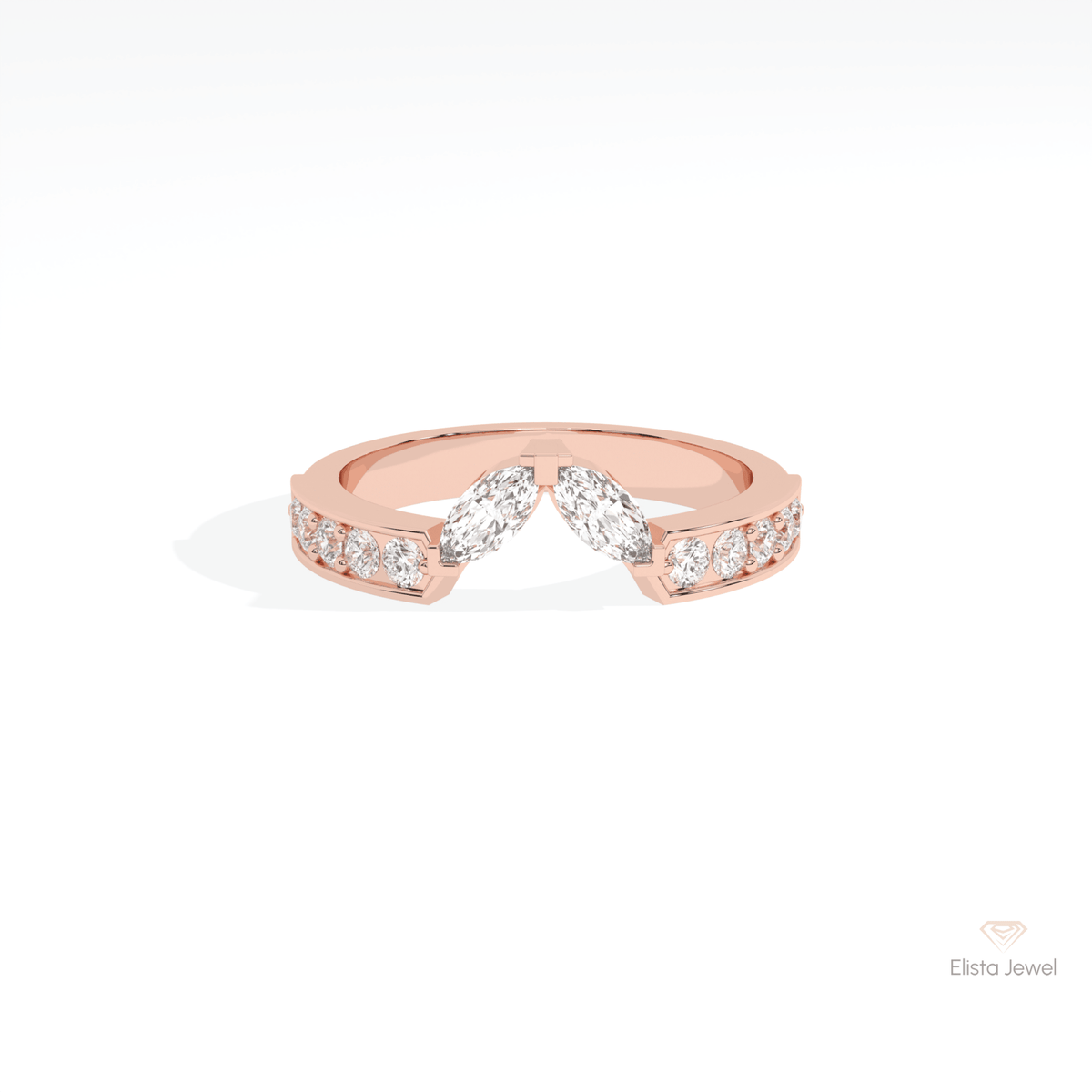 Round & Marquise Cut Wedding Lab Grown Diamond Band in 14K Yellow Gold - Detail View