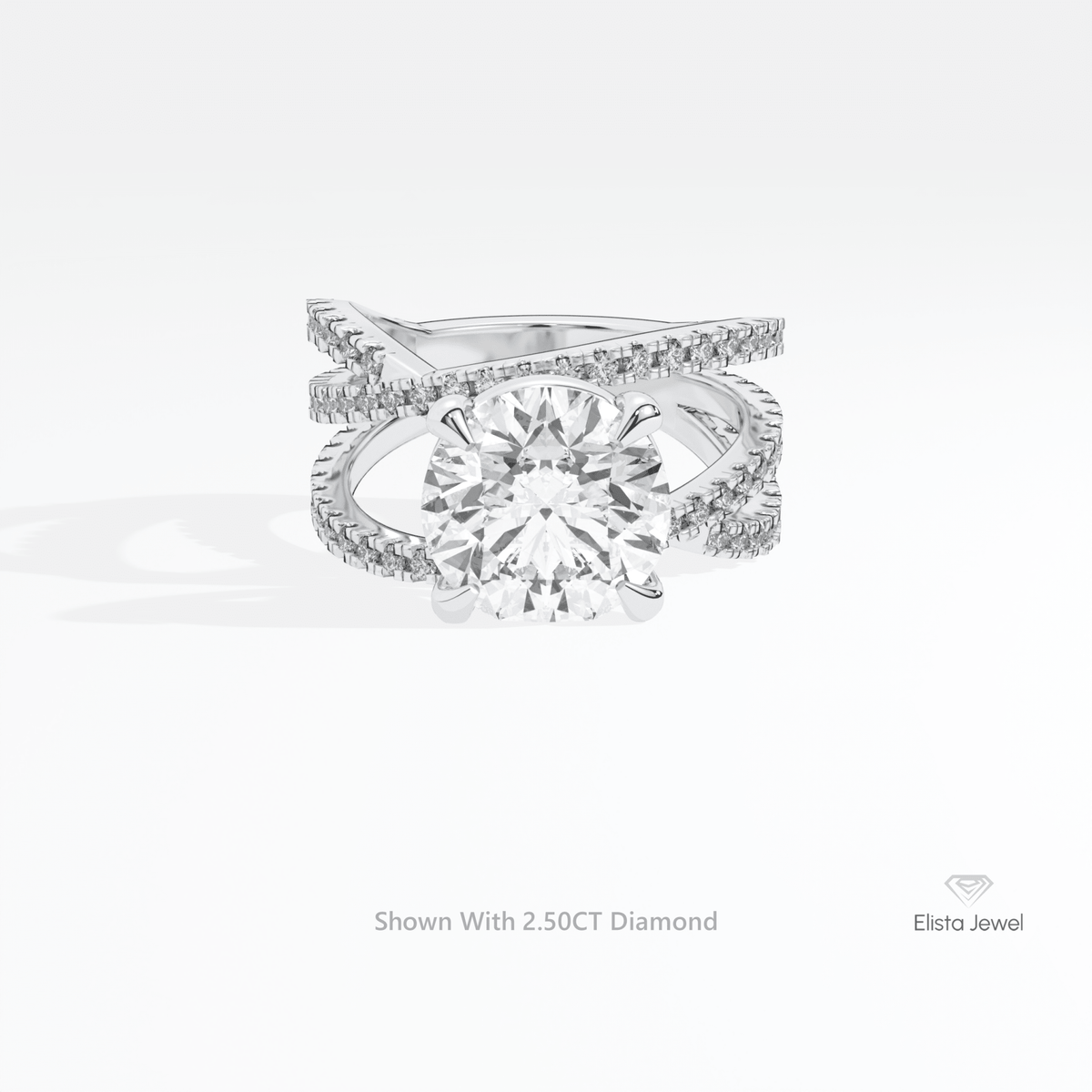 Round Solitaire Accent Crossover Lab Grown Diamond Ring in 14K Yellow Gold - Detail View