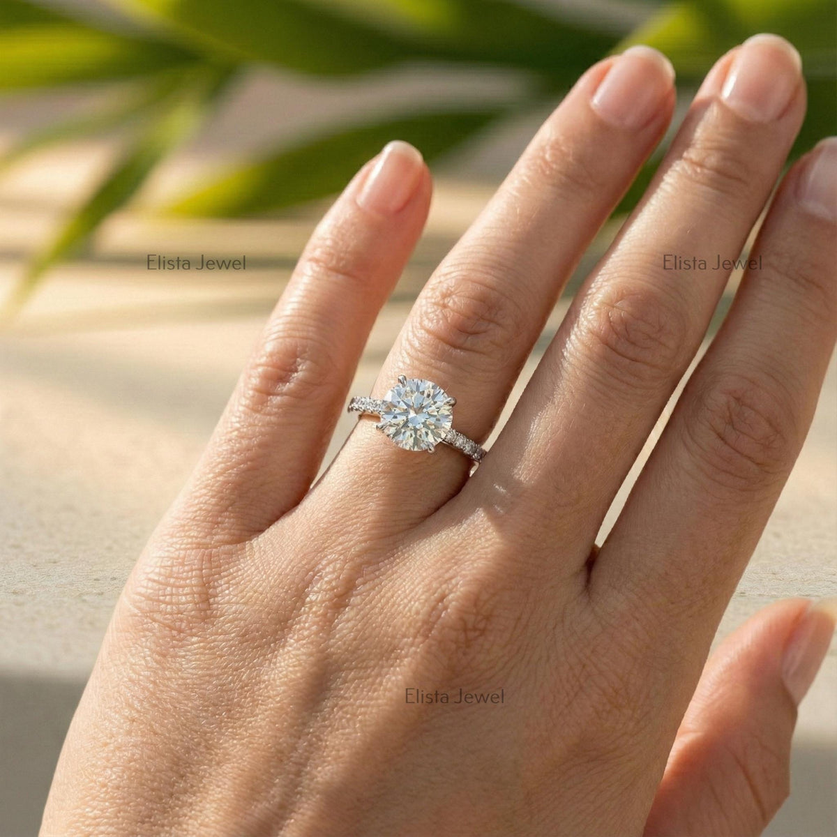Round Solitaire Ring, IGI Certified Lab Grown Diamond 14K White Gold Micro Pave Band