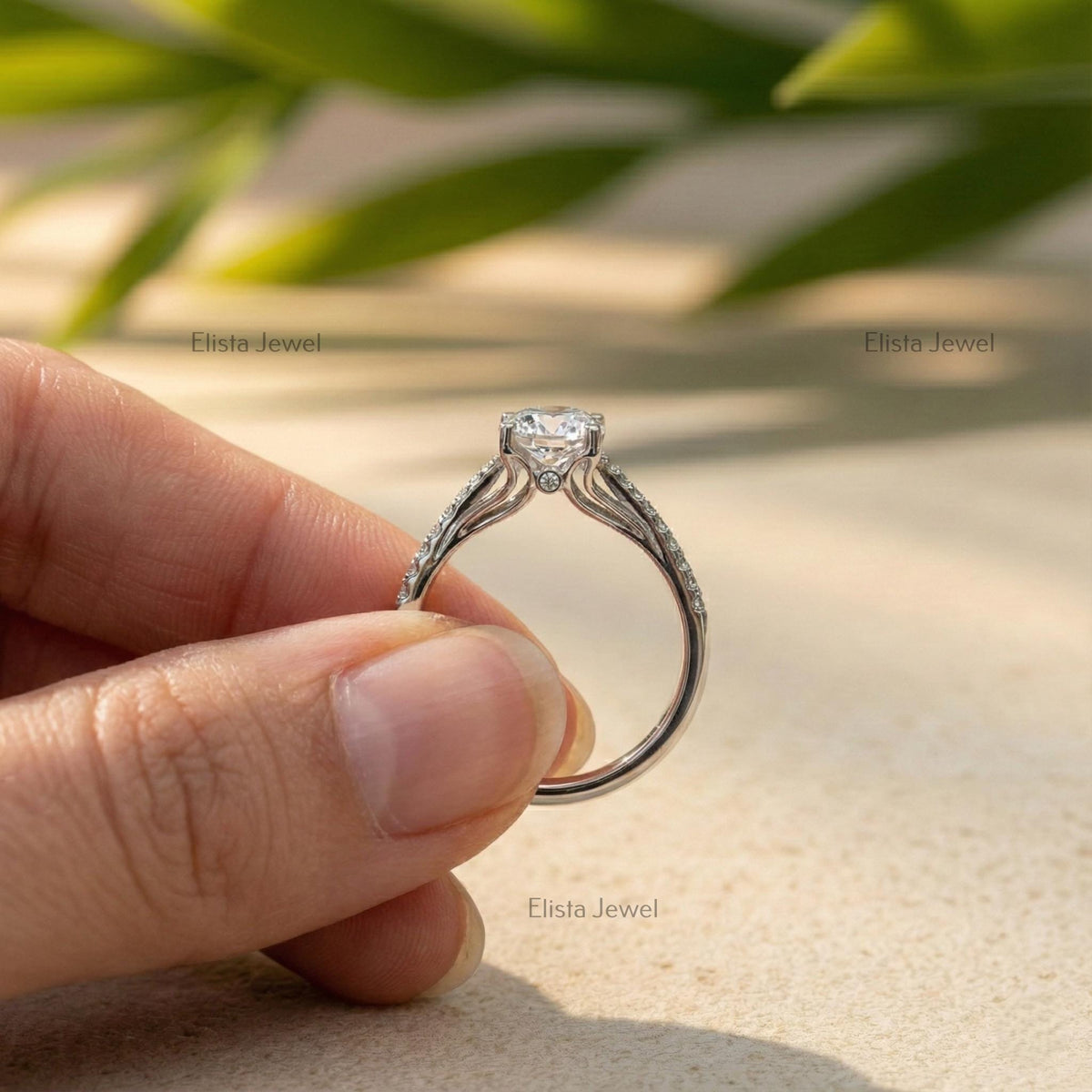 Round Solitaire Ring, IGI Certified Lab Grown Diamond 14K White Gold Micro Pave Band