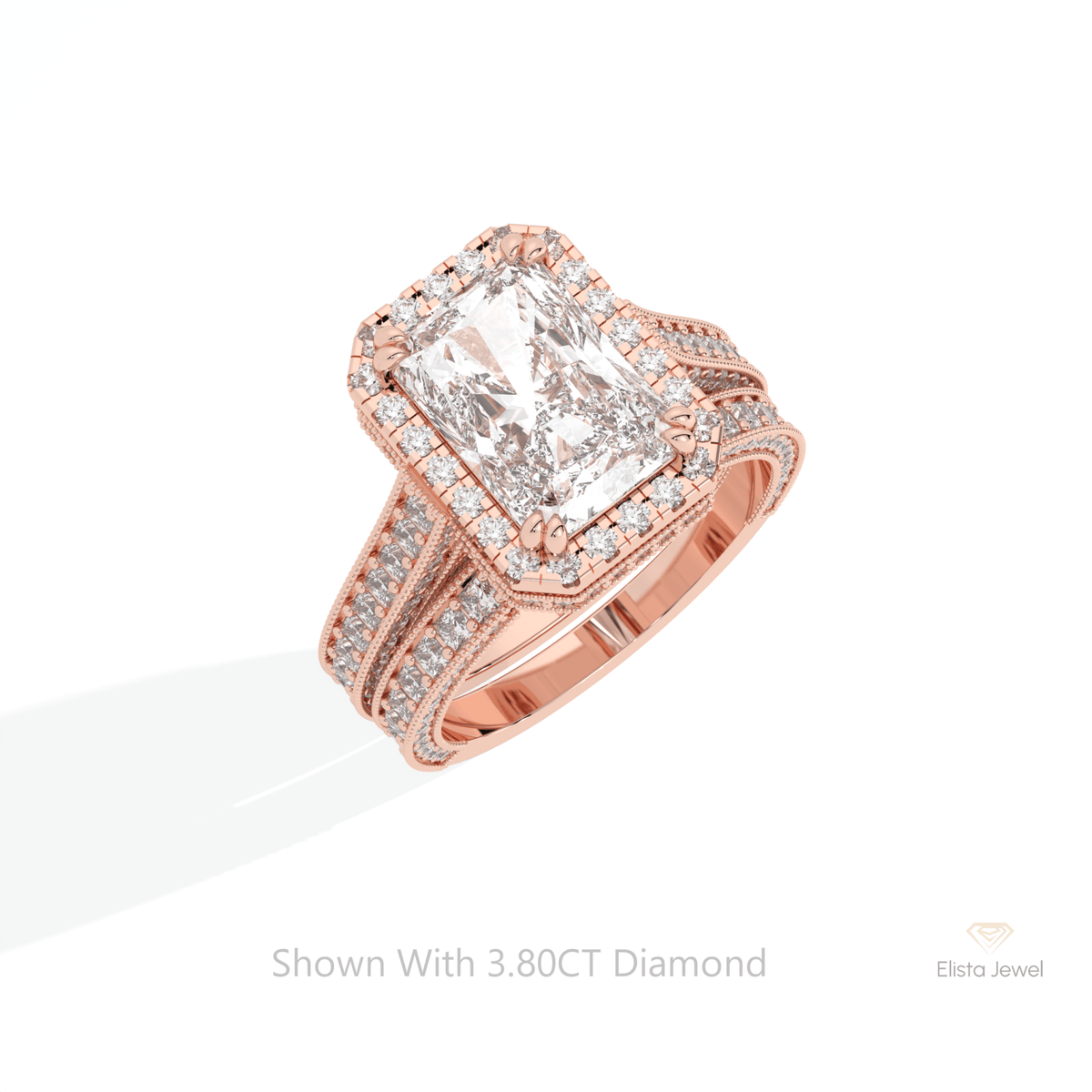 Stacking Lab Grown Diamond Band With Radiant Cut Halo Lab Grown Diamond Ring Set in 10K Yellow Gold - Side View