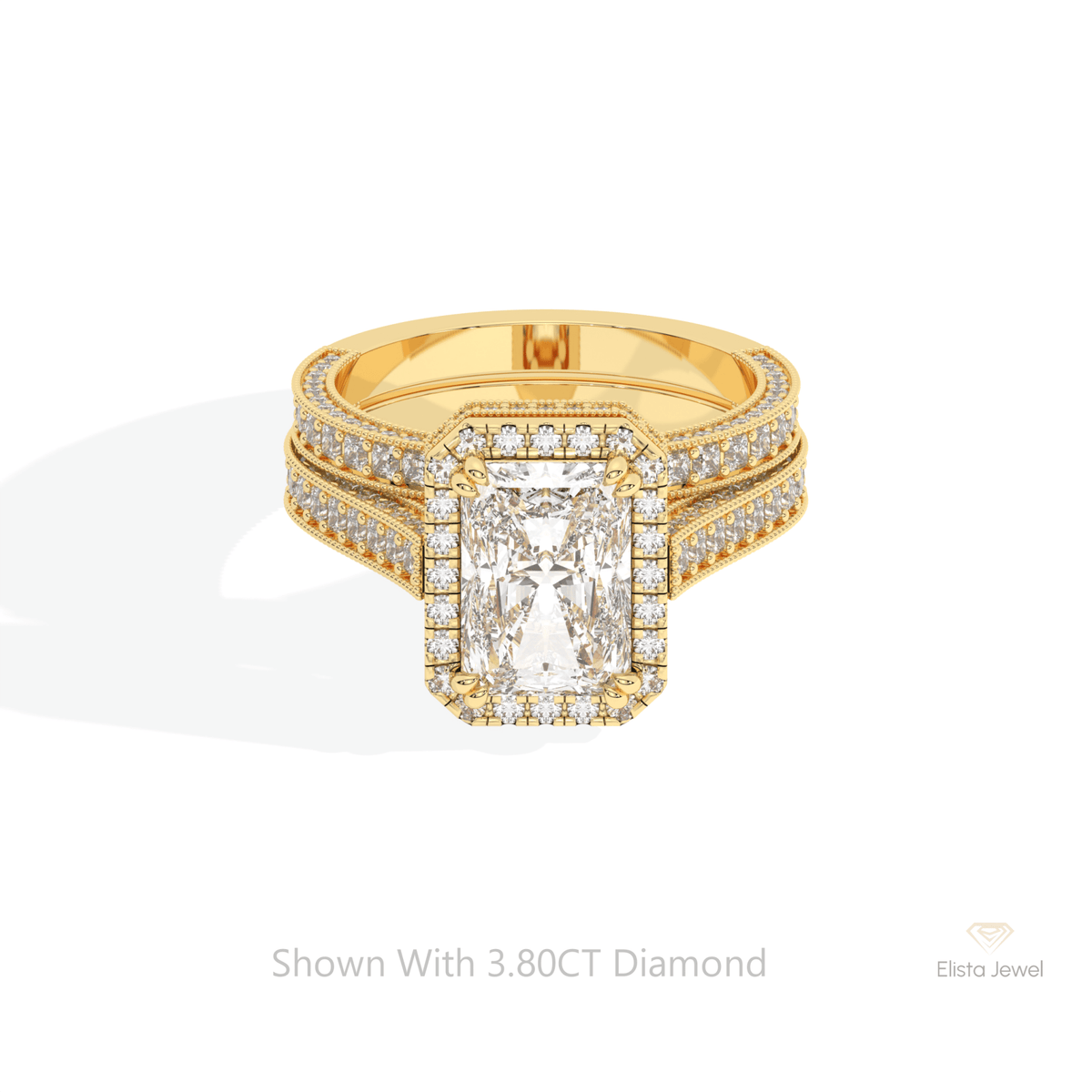 Stacking Lab Grown Diamond Band With Radiant Cut Halo Lab Grown Diamond Ring Set in 18K Rose Gold - Ring on Hand View