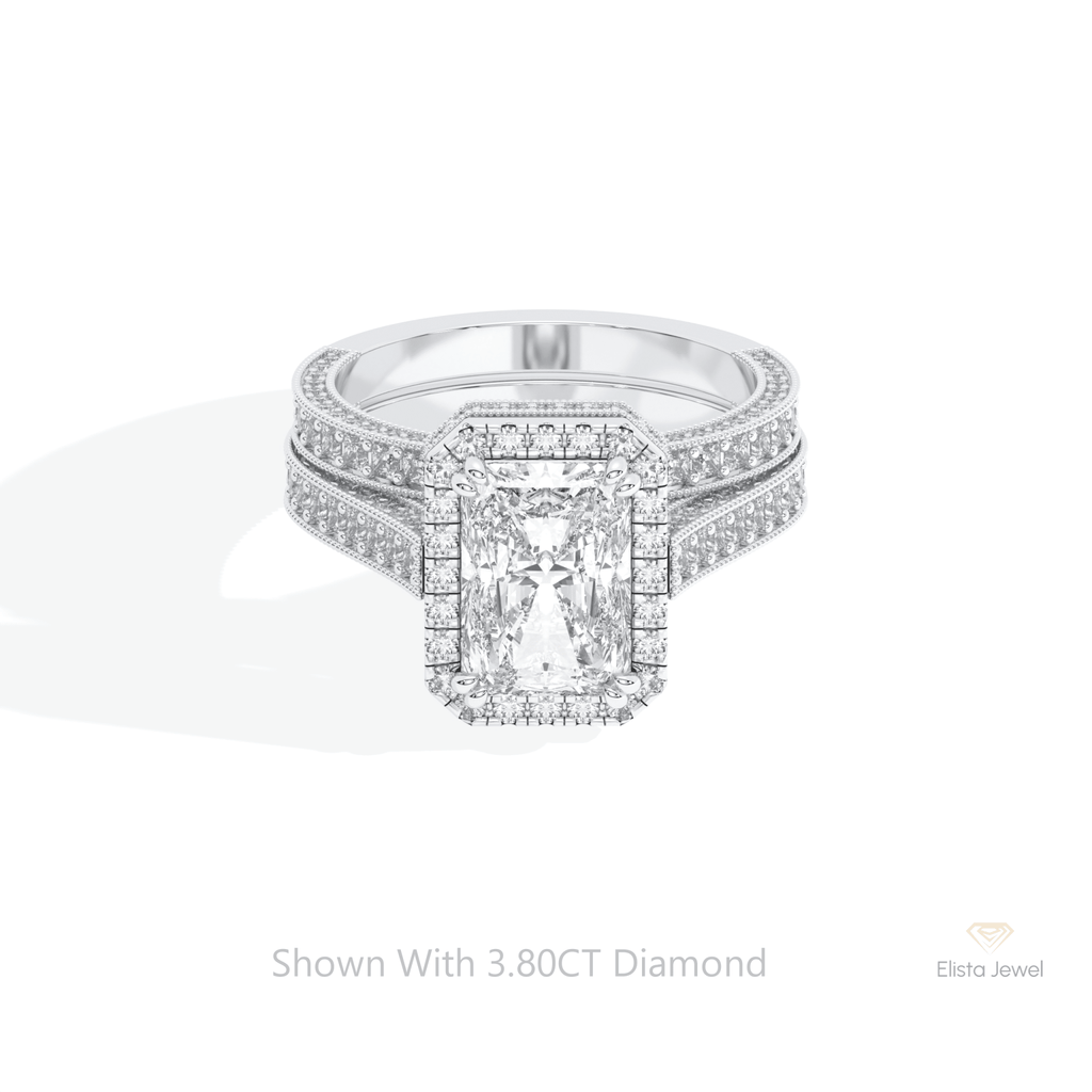 Stacking Lab Grown Diamond Band With Radiant Cut Halo Lab Grown Diamond Ring Set in 14K Yellow Gold - Detail View