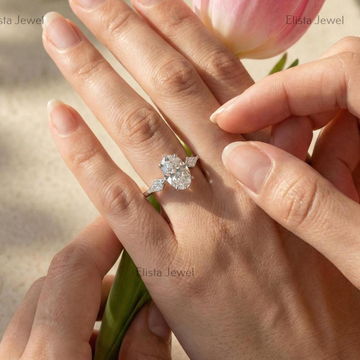 Three Stone Ring, Oval Lab Grown Diamond Baguette Engagement 14K Solid White Gold