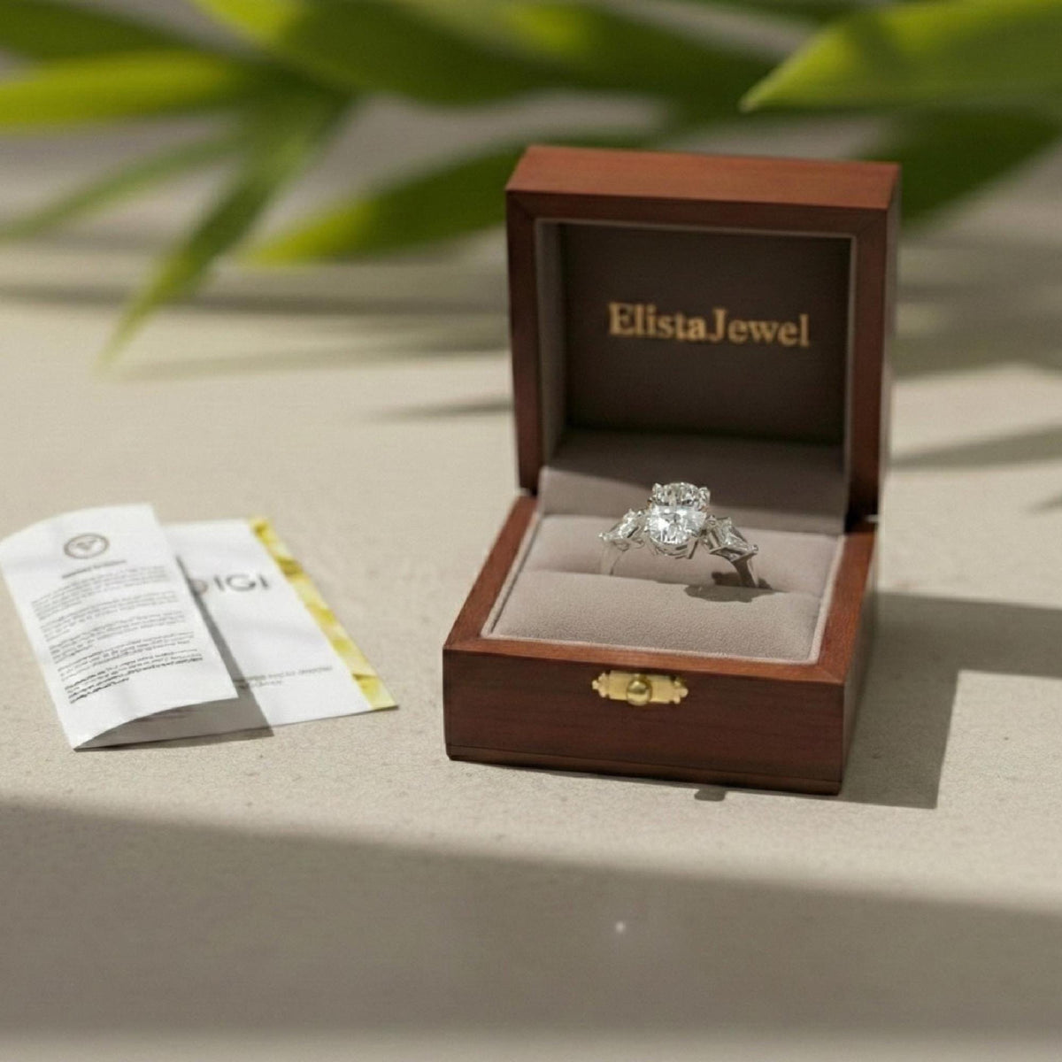 Three Stone Ring, Oval Lab Grown Diamond Baguette Engagement 14K Solid White Gold