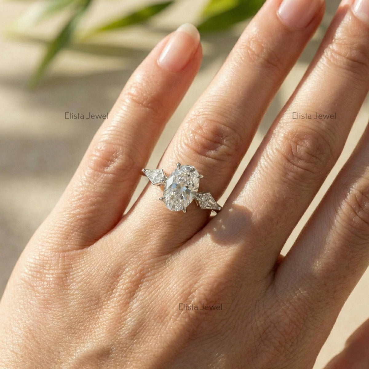 Three Stone Ring, Oval Lab Grown Diamond Baguette Engagement 14K Solid White Gold