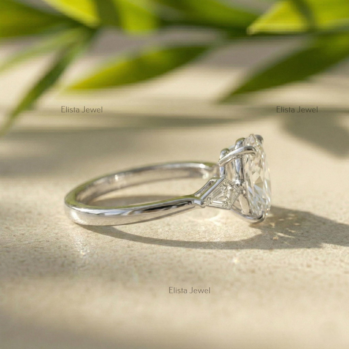 Three Stone Ring, Oval Lab Grown Diamond Baguette Engagement 14K Solid White Gold
