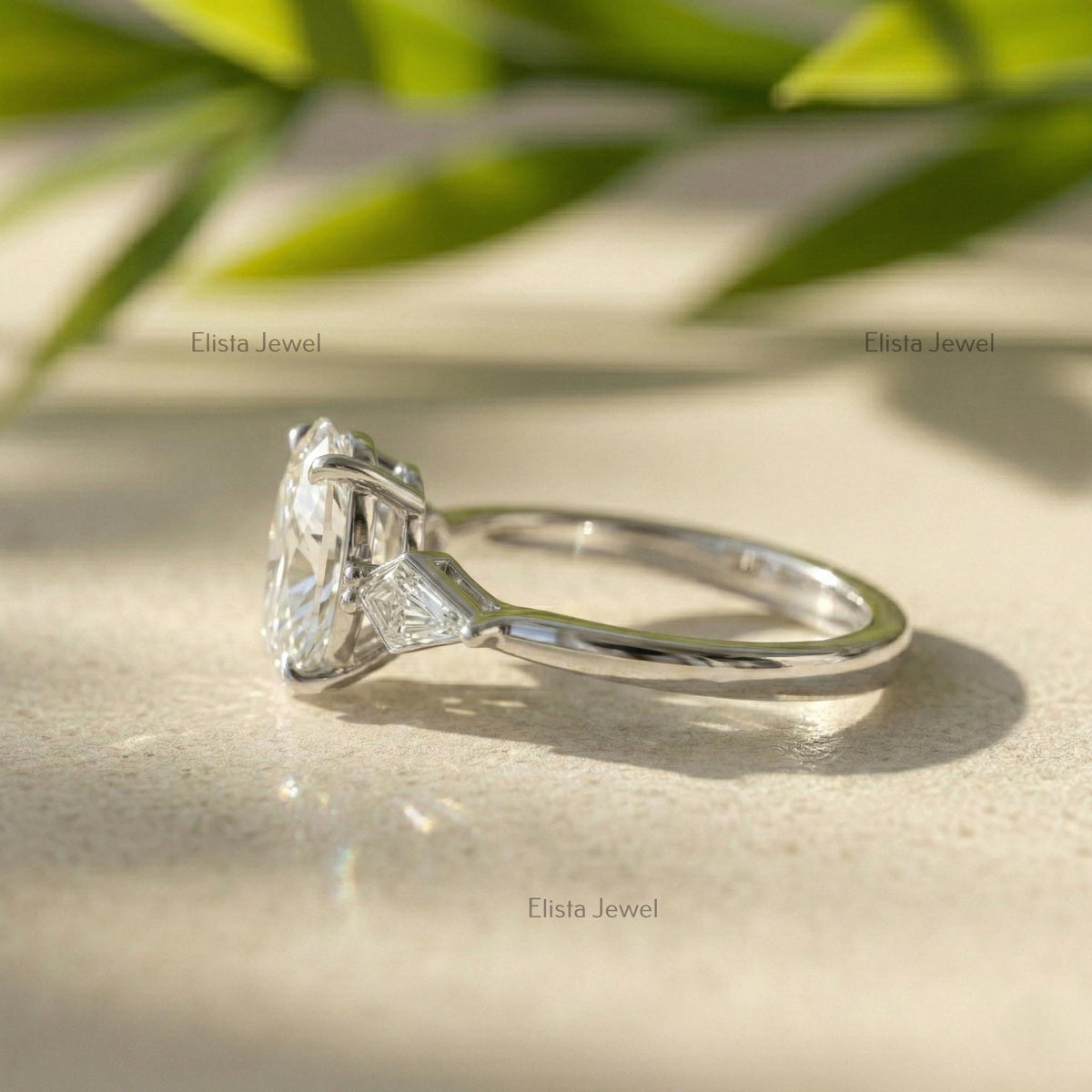 Three Stone Ring, Oval Lab Grown Diamond Baguette Engagement 14K Solid White Gold