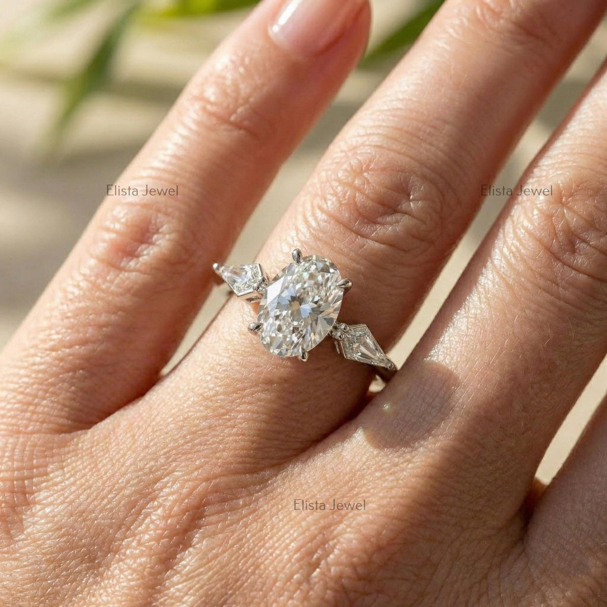 Three Stone Ring, Oval Lab Grown Diamond Baguette Engagement 14K Solid White Gold