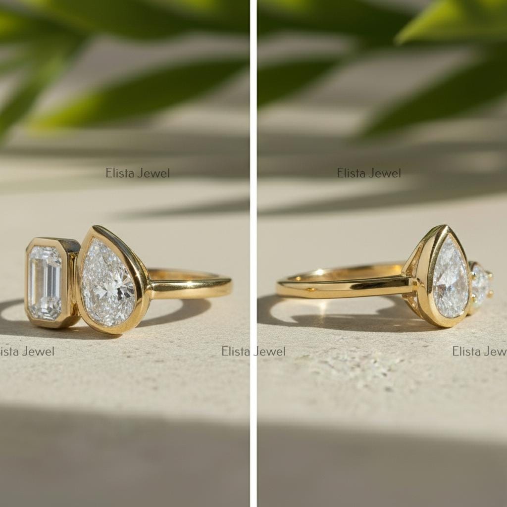 Toi et Moi Ring, Emerald and Pear Cut Diamonds, 18K Yellow Gold Engagement Ring