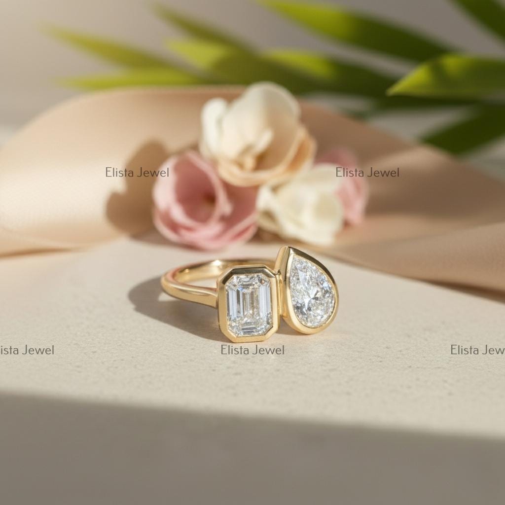 Toi et Moi Ring, Emerald and Pear Cut Diamonds, 18K Yellow Gold Engagement Ring