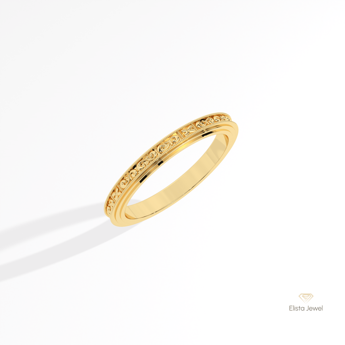 Vintage Art Deco Wedding Lab Grown Diamond Band in 10K Yellow Gold - Side View