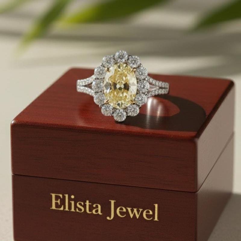 Yellow Diamond Ring Oval Lab-Grown Vivid Halo Engagement 950 Platinum