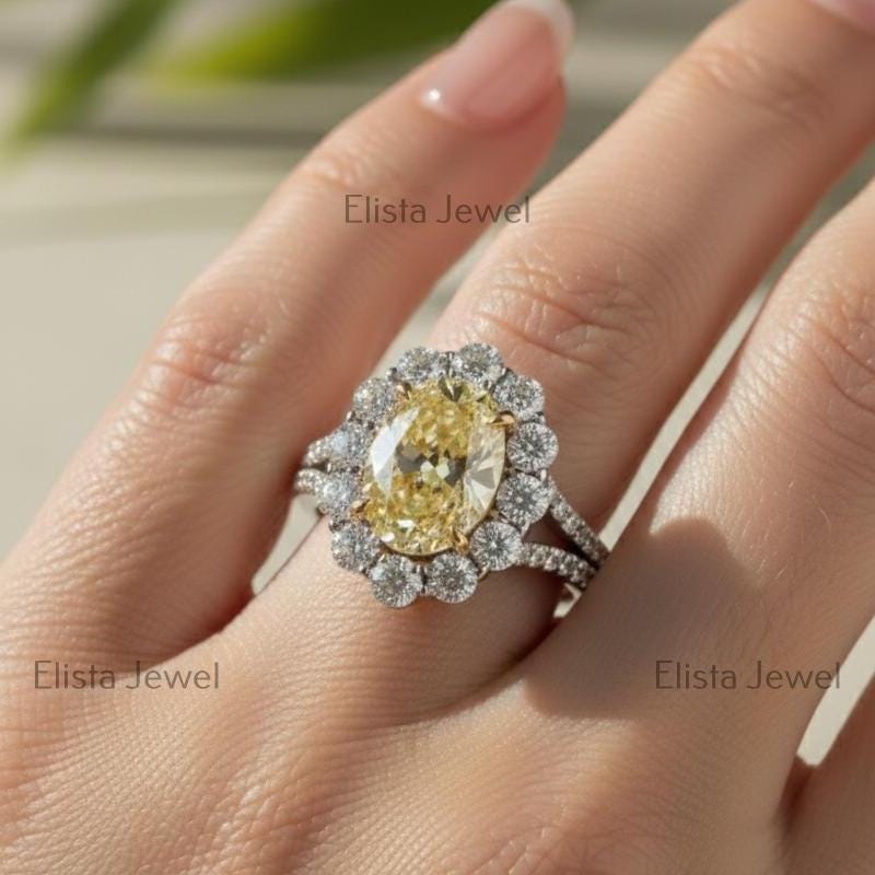 Yellow Diamond Ring Oval Lab-Grown Vivid Halo Engagement 950 Platinum