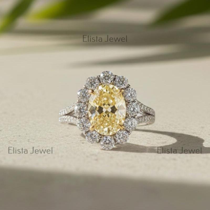 Yellow Diamond Ring Oval Lab-Grown Vivid Halo Engagement 950 Platinum