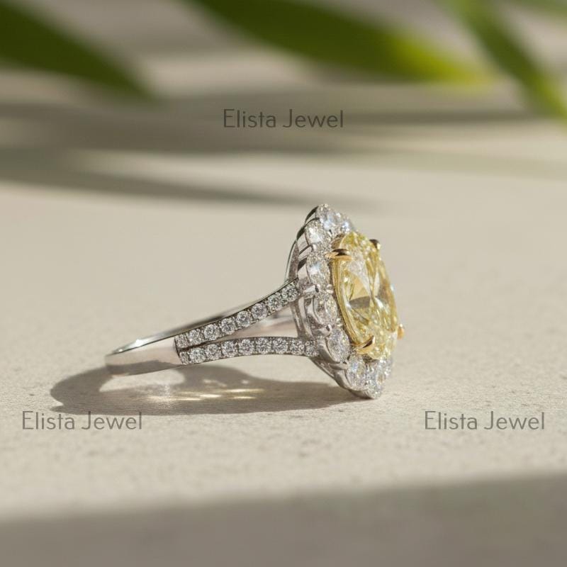 Yellow Diamond Ring Oval Lab-Grown Vivid Halo Engagement 950 Platinum