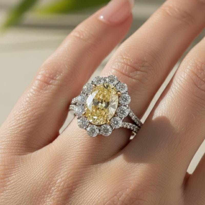 Yellow Diamond Ring Oval Lab-Grown Vivid Halo Engagement 950 Platinum