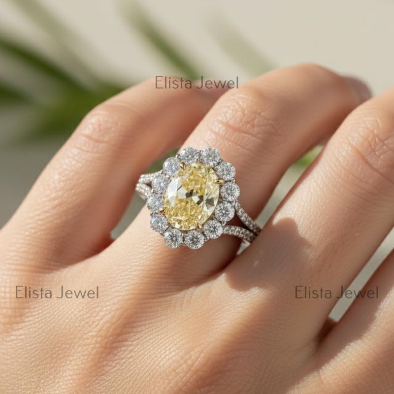 Yellow Diamond Ring Oval Lab-Grown Vivid Halo Engagement 950 Platinum