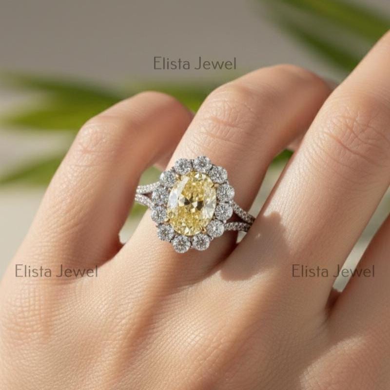 Yellow Diamond Ring Oval Lab-Grown Vivid Halo Engagement 950 Platinum