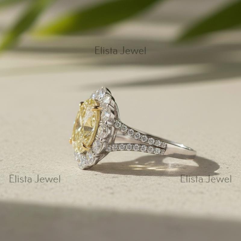Yellow Diamond Ring Oval Lab-Grown Vivid Halo Engagement 950 Platinum