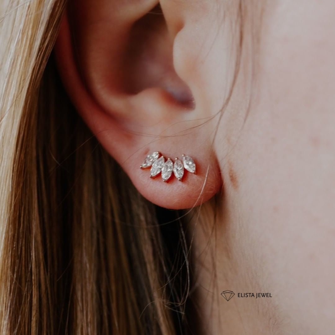 Marquise Cut Five Stone Stud Earrings
