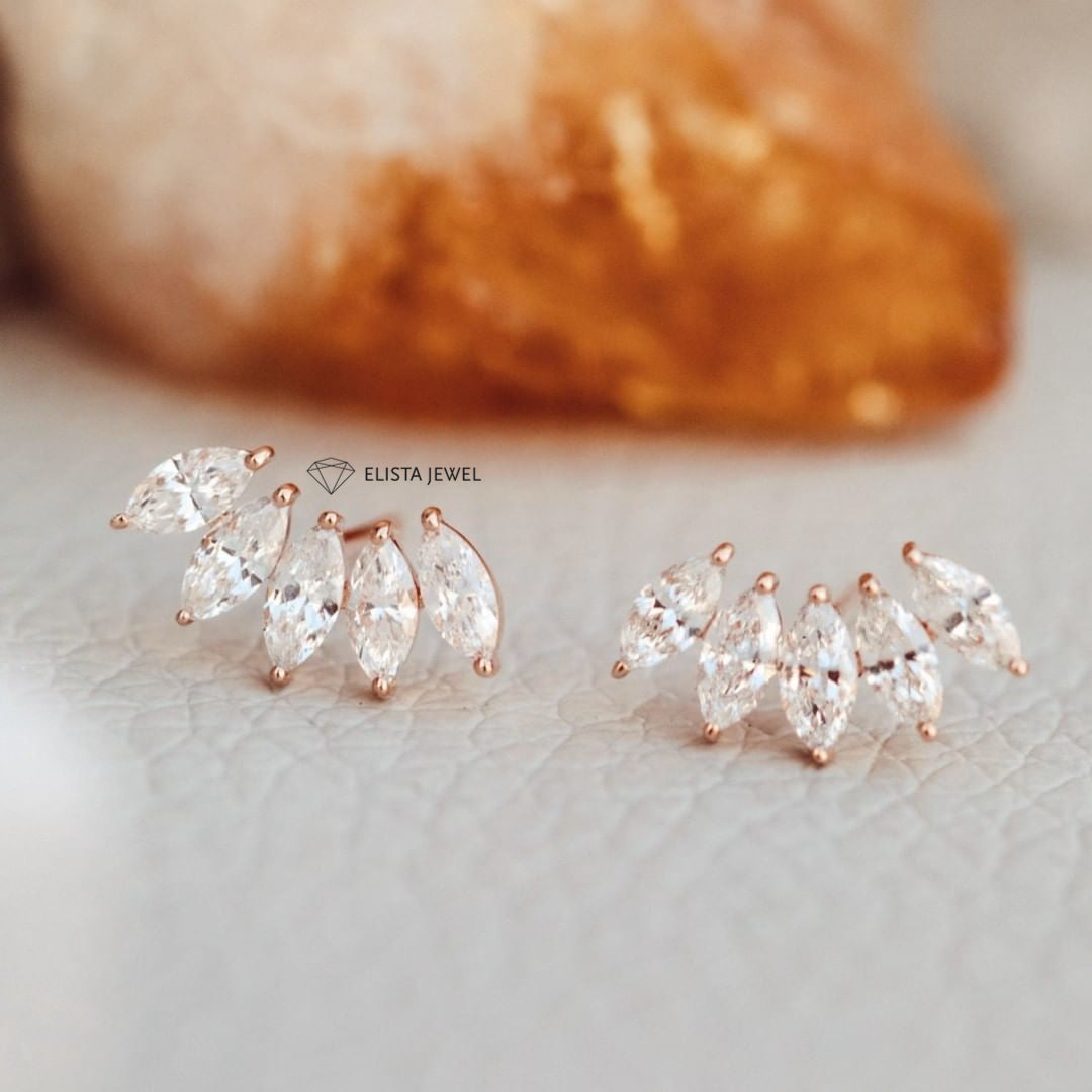 Marquise Cut Five Stone Stud Earrings