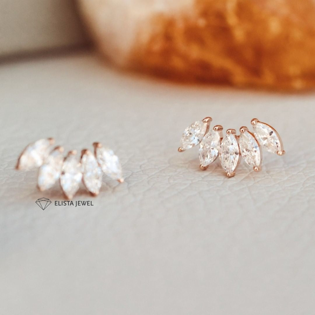 Marquise Cut Five Stone Stud Earrings