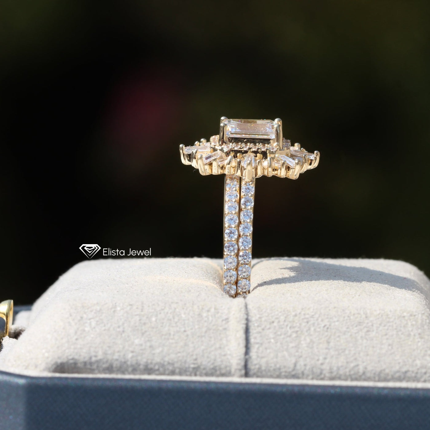 Emerald Cut Diamond Cluster Sunburst Halo Engagement Ring And Matching Band