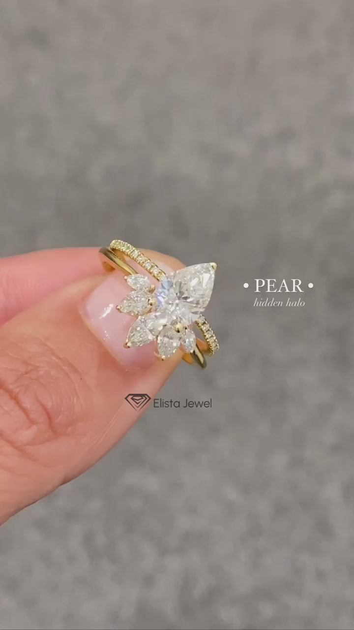 1.25 CT Pear Cut Lab Grown Diamond Hidden Halo Engagement Ring Set