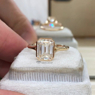 Emerald Diamond Full Bezel Split Shank Engagement Ring