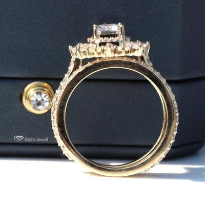 Emerald Cut Diamond Cluster Sunburst Halo Engagement Ring And Matching Band