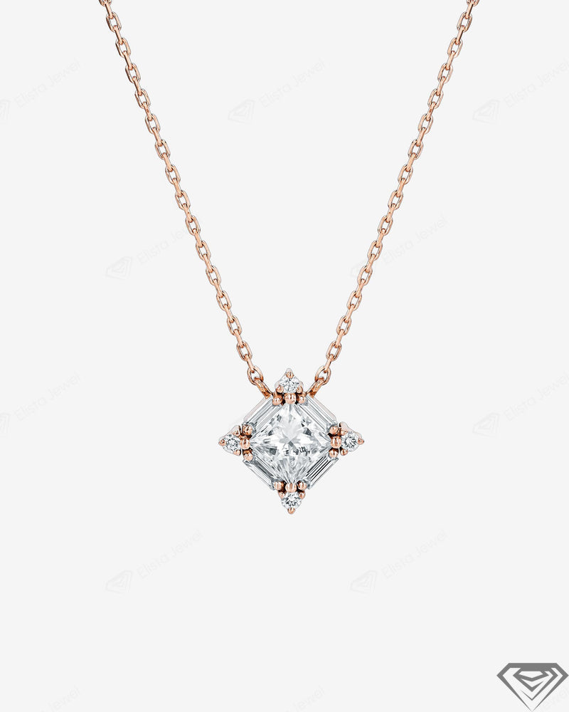 Certified Princess Cut Diamond Pendant with Round And Baguette Cut Diamonds