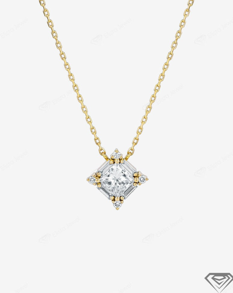 Certified Princess Cut Diamond Pendant with Round And Baguette Cut Diamonds
