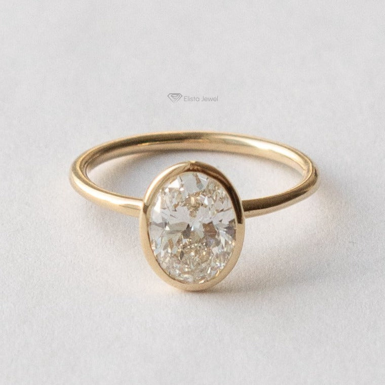 Full Bezel Oval Lab Diamond Solitaire Gold Engagement Ring
