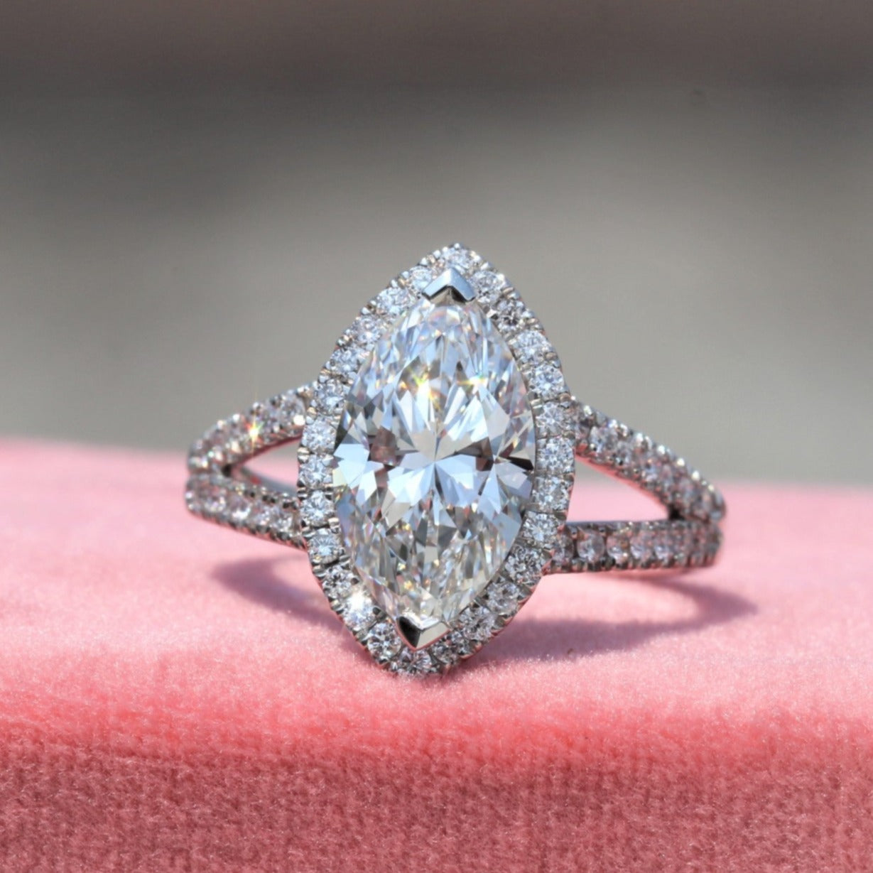 Halo Marquise Cut Lab Grown Diamond Ring with Split Shank for Engagement