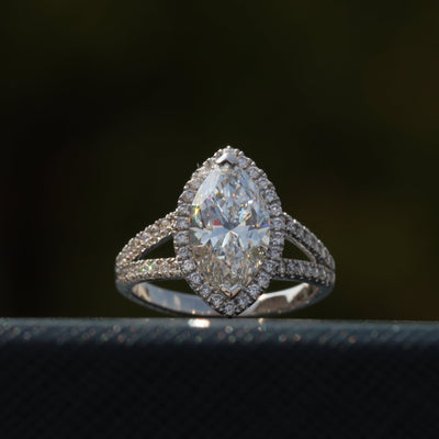 Halo Marquise Cut Lab Grown Diamond Ring with Split Shank for Engagement