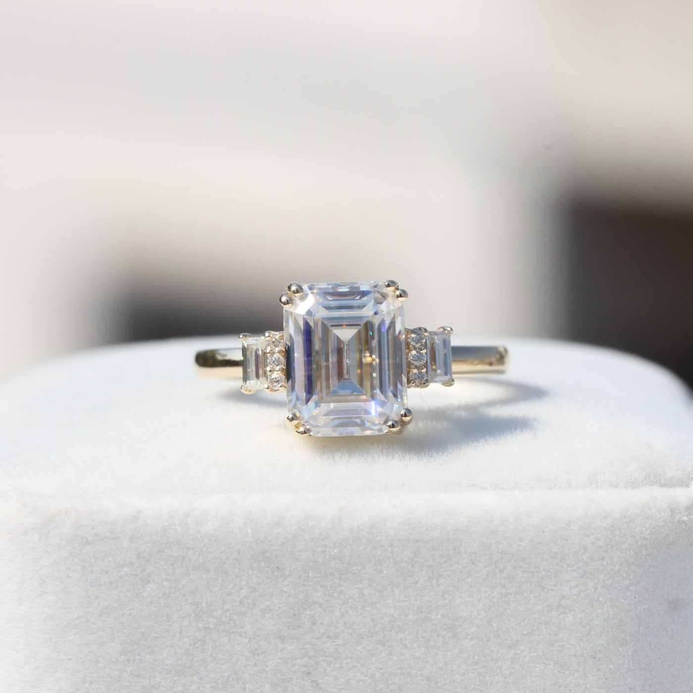 3 stone Emerald cut lab-created diamond with Double Prong engagement ring
