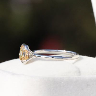 Champagne Yellow Asscher Cut Lab Grown Diamond Solitaire Half Bezel Engagement Ring