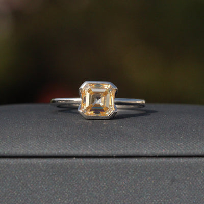 Champagne Yellow Asscher Cut Lab Grown Diamond Solitaire Half Bezel Engagement Ring